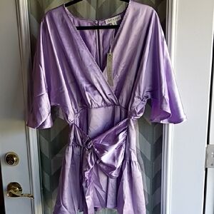 She + Sky Lilac Satin Wrap Midi Dress